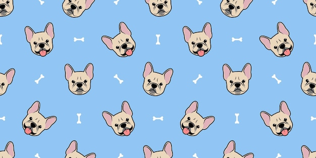 Ilustración de vector de patrones sin fisuras de dibujos animados de color crema de cachorro de bulldog francés lindo