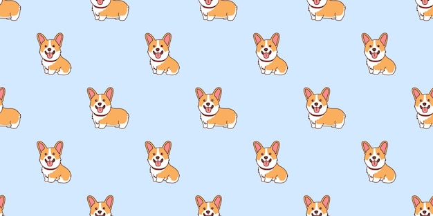 Ilustración de vector de patrones sin fisuras de dibujos animados de perro corgi lindo