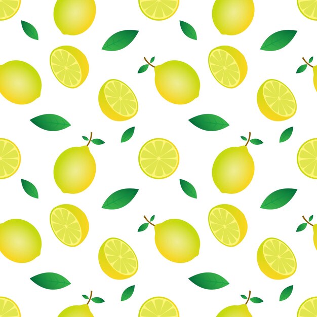 Ilustración de vector de patrones sin fisuras de fruta de limón amarillo y diseño de fondo blanco de diseño de hoja verde para fondo de pantalla e impresión en plantillas modernas de tela