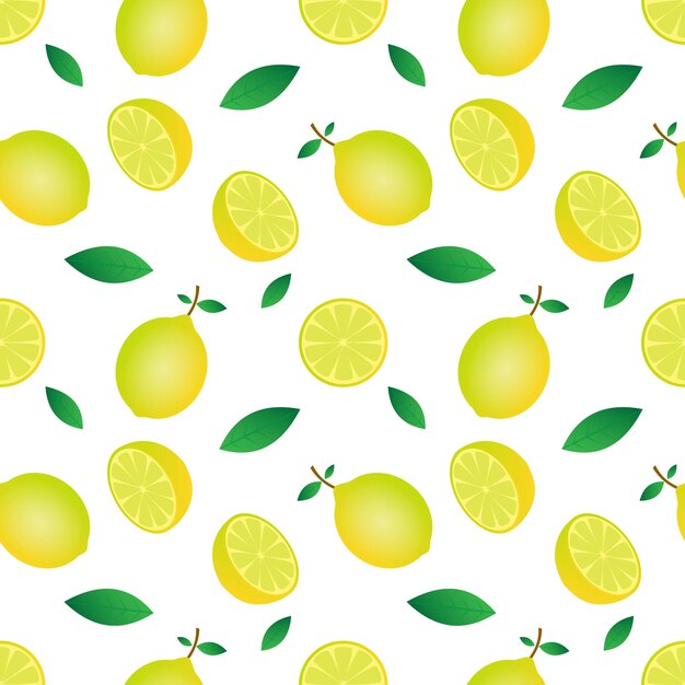 Ilustración de vector de patrones sin fisuras de fruta de limón amarillo y diseño de fondo blanco de diseño de hoja verde para fondo de pantalla e impresión en plantillas modernas de tela