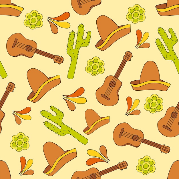 Ilustración de vector de patrones sin fisuras de los iconos de México. Carnaval o festival de fondo de elementos tradicionales mexicanos