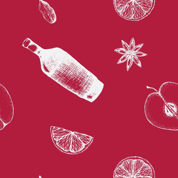 Ilustración de vector de patrones sin fisuras con ingredientes de vino caliente sobre fondo rojo Bueno para envolver y diseño de paquetes bar restaurante y fiesta de navidad