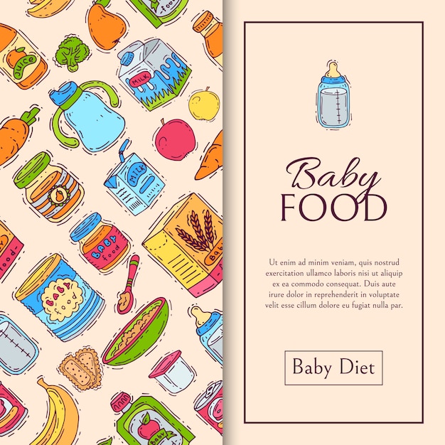 Ilustración de vector de patrones sin fisuras de puré de alimentos para bebés. Nutrición para niños. Biberones y alimentación complementaria. Producto de primera comida para bebés y niños pequeños