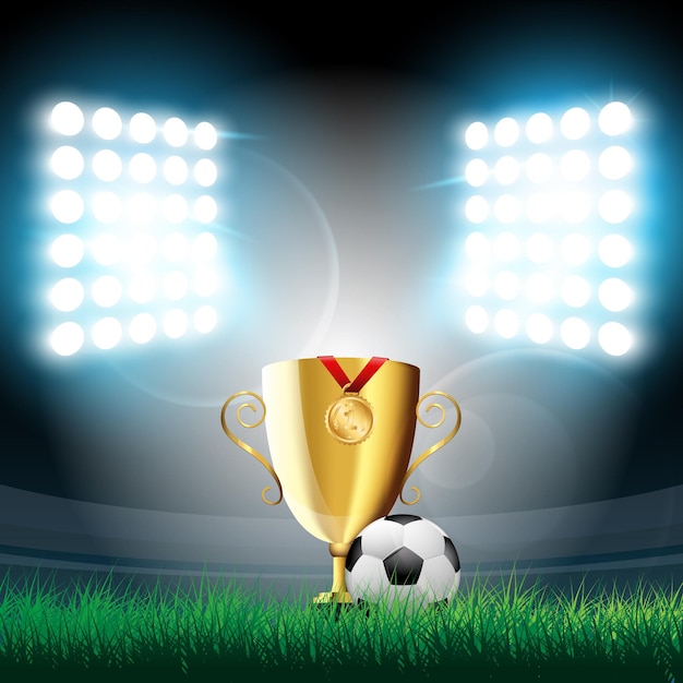 Ilustración de vector de pelota de fútbol, trofeo de copa y una medalla por el primer lugar en el césped del estadio con luces