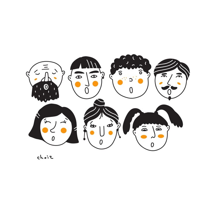 Ilustración de vector de pequeño coro. Doodle con caras cantando. Concepto de invitaciones, impresiones de carteles.