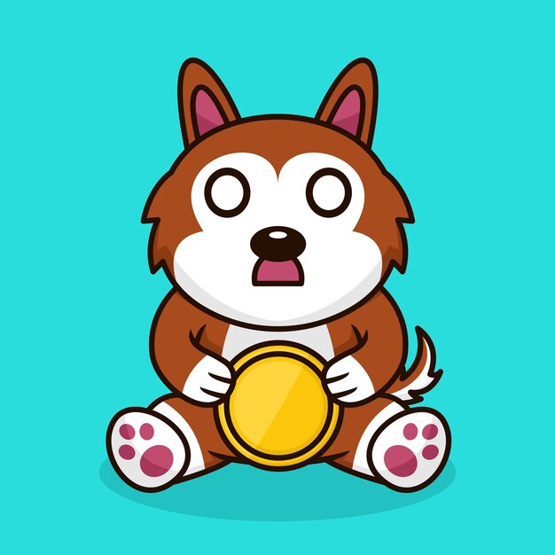 Ilustración de vector de perro lindo premium con moneda de oro