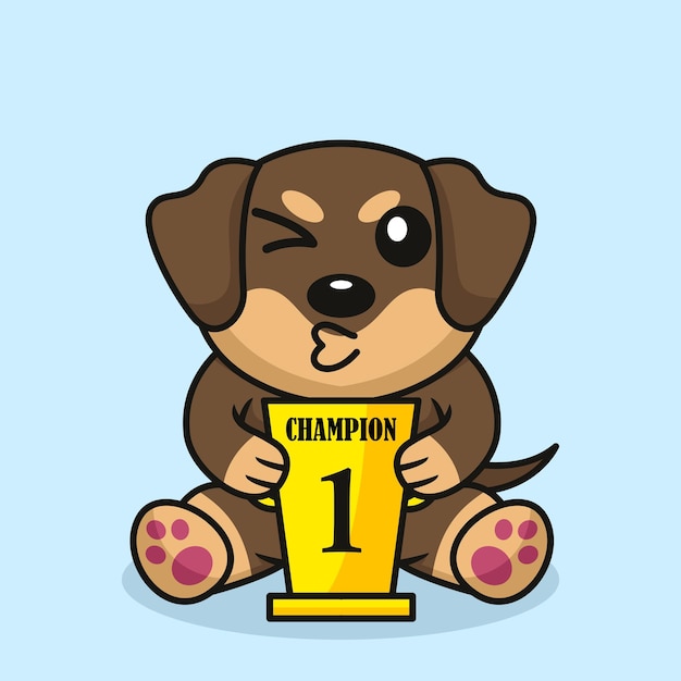 Ilustración de vector de perro lindo premium que lleva el trofeo del 1er lugar