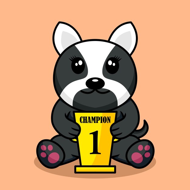 Ilustración de vector de perro lindo premium que lleva el trofeo del 1er lugar