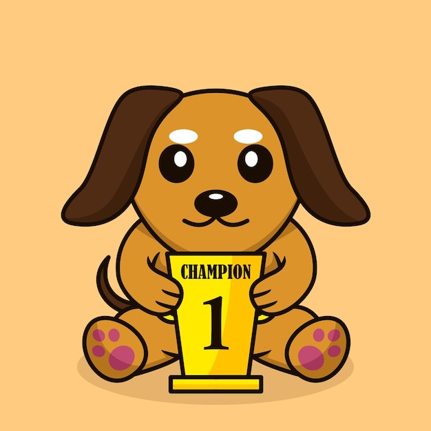 Ilustración de vector de perro lindo premium que lleva el trofeo del 1er lugar