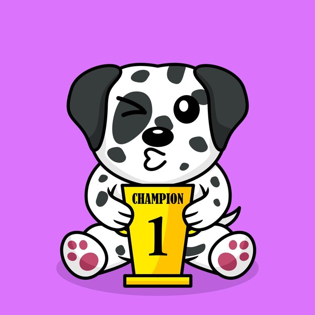 Ilustración de vector de perro lindo premium que lleva el trofeo del 1er lugar