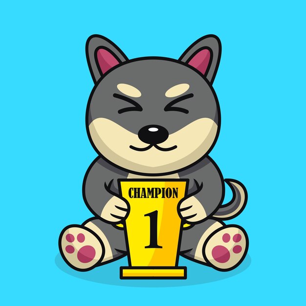 Ilustración de vector de perro lindo premium que lleva el trofeo del 1er lugar