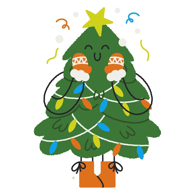 Ilustración de vector de un personaje de árbol de navidad con emoción para una tarjeta de festival de navidad