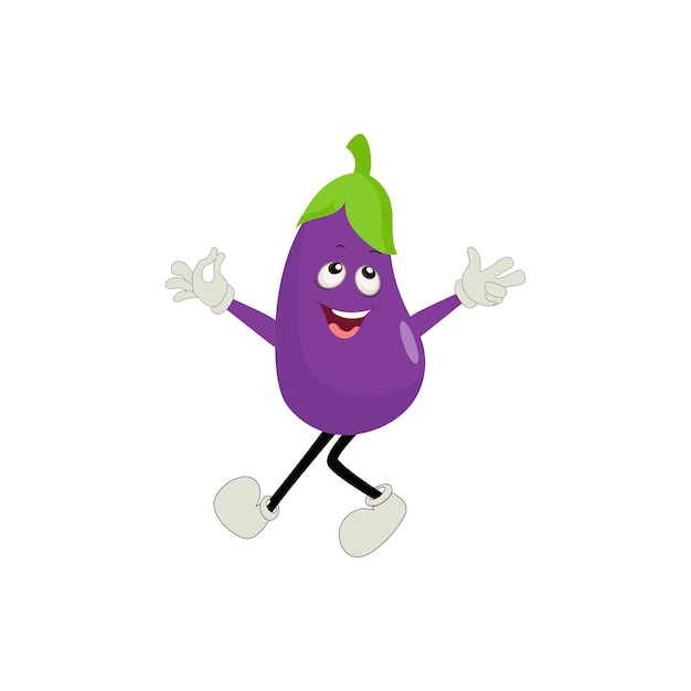 Ilustración de vector de personaje de berenjena lindo Personaje de dibujos animados de berenjena plana ondeando Púrpura mínimo