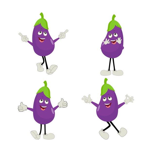 Ilustración de vector de personaje de berenjena lindo Personaje de dibujos animados de berenjena plana ondeando Púrpura mínimo