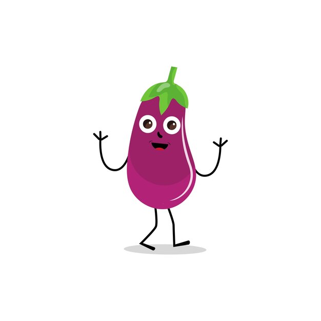 Ilustración de vector de personaje de berenjena lindo Personaje de dibujos animados de berenjena plana ondeando Púrpura mínimo