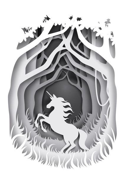 Ilustración de vector de personaje de cuento de hadas de unicornio en estilo de arte de papel