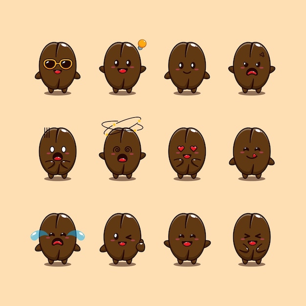 Ilustración de vector de personaje de dibujos animados de granos de café lindo