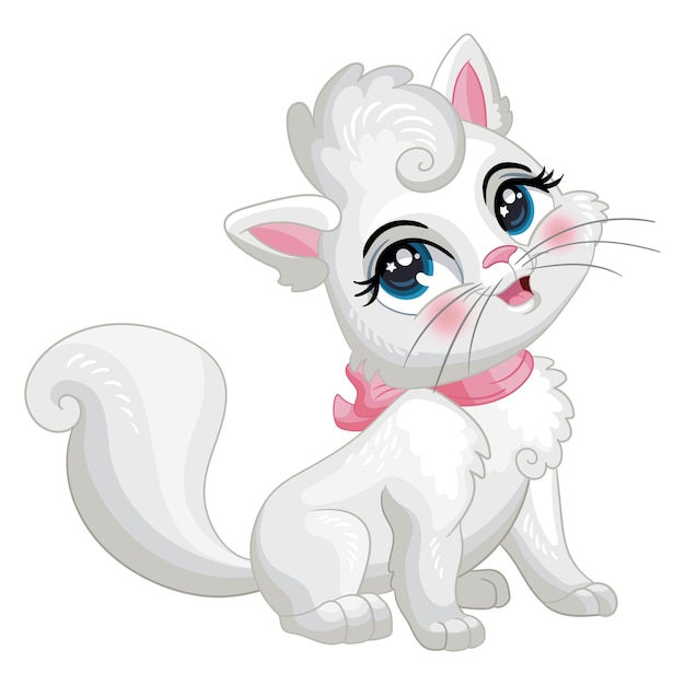 Vector ilustración de vector de personaje de dibujos animados lindo gatito blanco esponjoso sentado