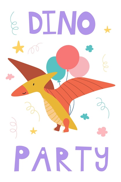 Ilustración de vector de personaje de dinosaurio dino lindo en estilo de dibujos animados planos con letras de dino party diseño de bebé para invitación de cumpleaños o cartel de baby shower ropa vivero arte de pared y tarjeta eps