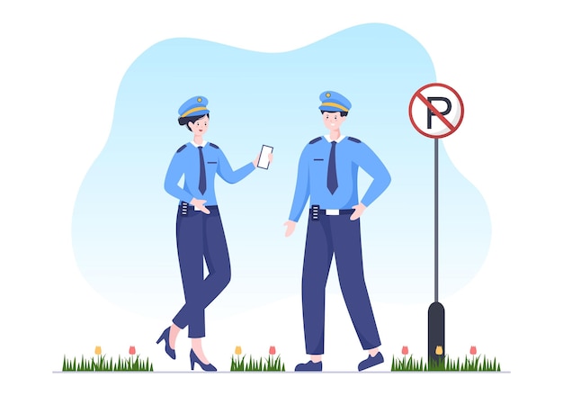 Ilustración de vector de personaje de oficial de policía usando uniforme con equipo establecido en estilo de dibujos animados planos