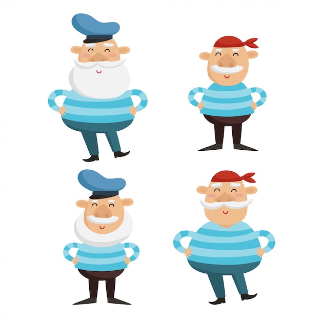 Ilustración de vector de personajes de capitán y marinero feliz en camisas a rayas aisladas en blanco