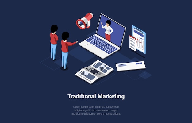 Ilustración de vector con personajes, estilo de dibujos animados 3D, composición isométrica. Concepto de marketing tradicional. Medios regulares de publicidad y comercio. Idea de estrategia de compra y venta de productos. Negocio