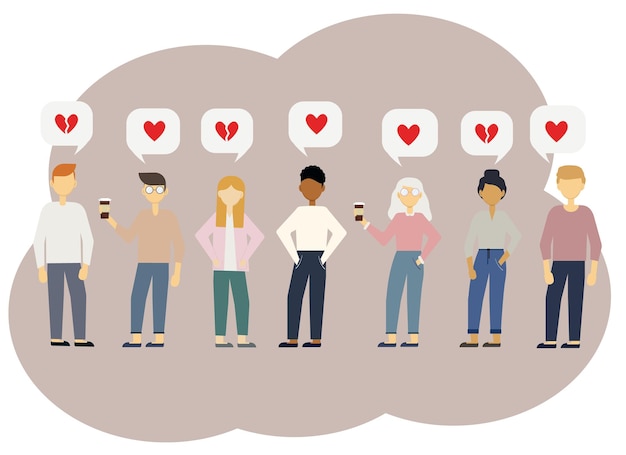 Ilustración de vector con personas hombres y mujeres con burbujas con corazones rojos