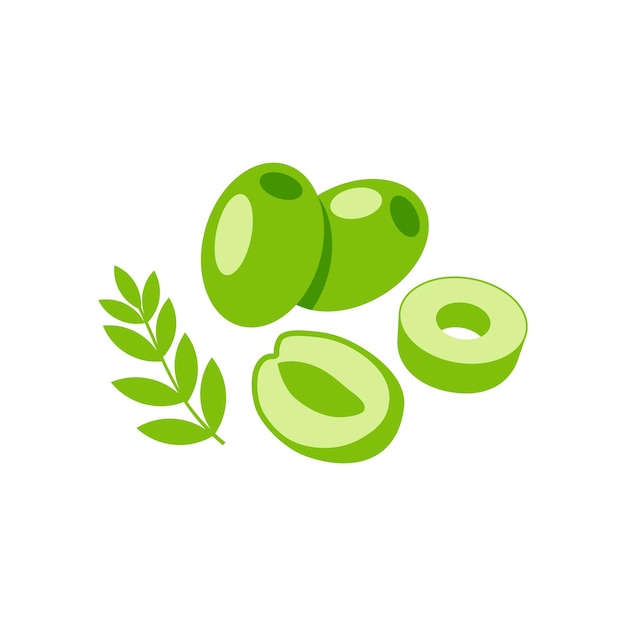 Ilustración de vector de piezas enteras y cortadas de oliva verde aislado sobre fondo blanco