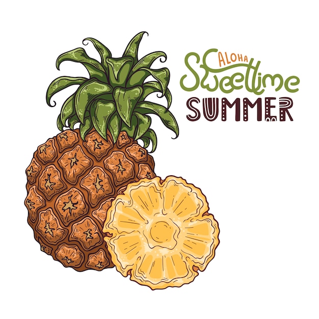 Ilustración de vector de piña. letras: aloha sweet time summer.