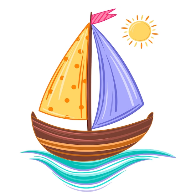 Ilustración de vector pintado colorido barco en ondas azules con sol amarillo