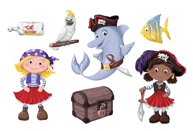 Ilustración del vector del pirata de la muchacha linda de la historieta. niños piratas.