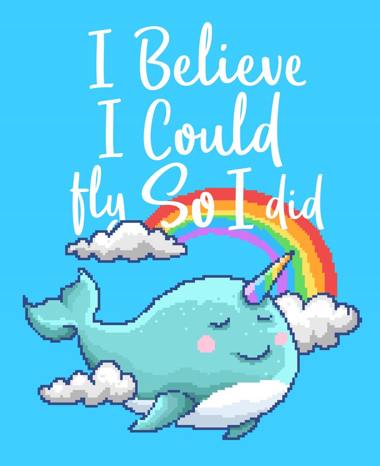 Ilustración de vector de pixel art de un animal de kawaii de ballena unicornio con arco iris y nubes, y cita motivacional con colores de los 90.
