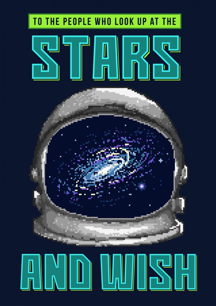 Ilustración de vector de pixel art de un casco de astronauta en el espacio con estrellas y galaxia.