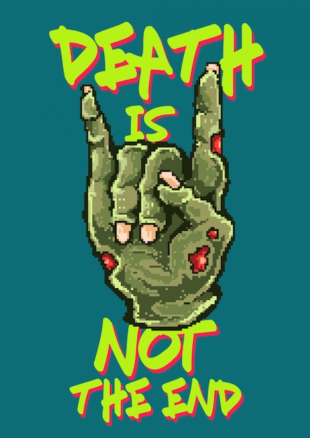 Vector ilustración de vector de pixel art de mano zombie muerto con dedo de símbolo de metal. realizado con el estilo de los colores de los videojuegos de los 80.