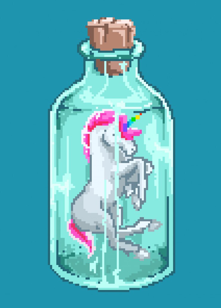 Ilustración de vector de pixel art de personaje kawaii lindo mini unicornio dentro de una botella con estilo de colores de los 80.
