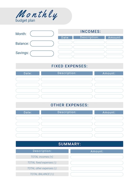 Ilustración de vector de planificador de presupuesto mensual personal imprimible