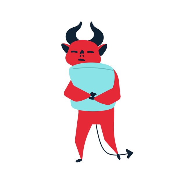 Ilustración de vector plano de almohada de caricias de diablo. Cansancio y somnolencia, soledad y concepto de soledad. Criatura mítica roja, lindo demonio soñoliento abrazando cojín sobre fondo blanco.