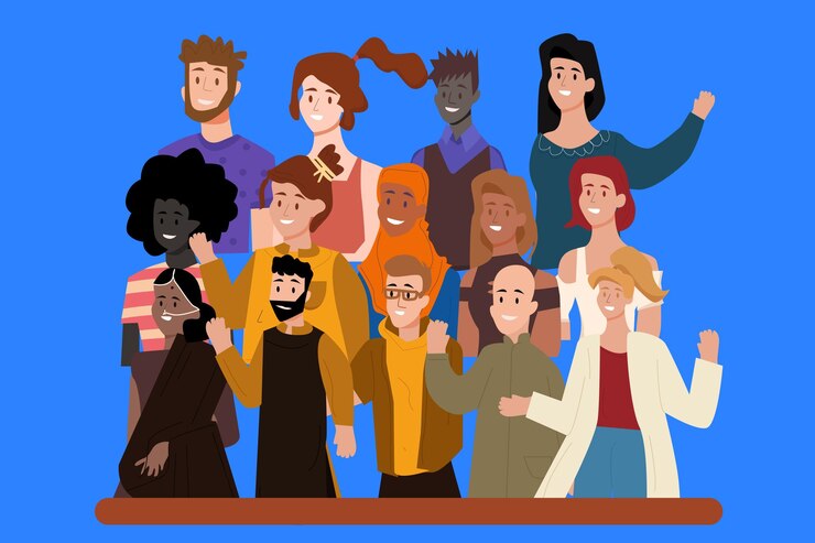 Vector ilustración de vector plano de amistad internacional. grupo de jóvenes diversos de pie juntos carro