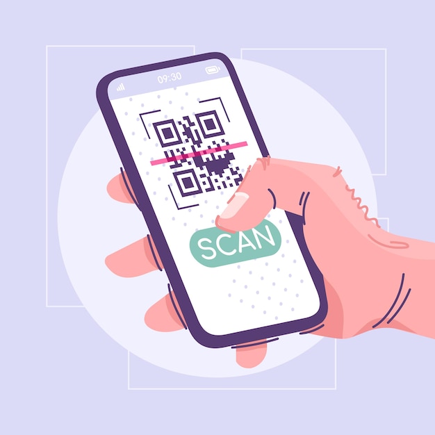 Ilustración de vector plano de la aplicación de escaneo de código qr. concepto de dibujos animados del sistema de identificación binaria. idea de aplicación de escáner móvil. mano que sostiene el teléfono inteligente con el botón en la pantalla. tecnología inteligente moderna