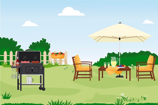 Ilustración de vector plano de área de patio patio trasero de la casa patio amueblado al aire libre para fiestas de verano de barbacoa