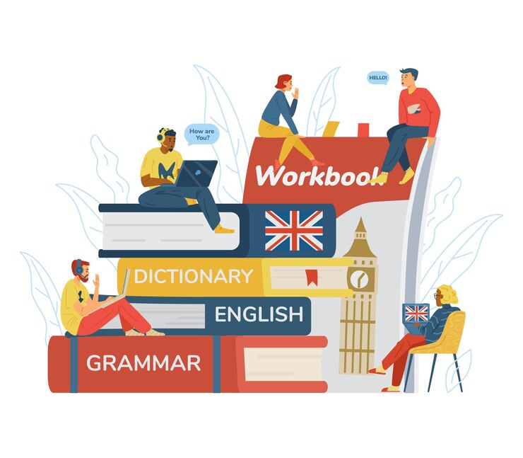 Vector ilustración de vector plano de banner de aprendizaje en línea a distancia de idioma inglés