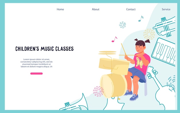 Ilustración de vector plano de banner de sitio web de clase de música para niños Maqueta de interfaz de banner web con niños tocando batería lecciones de música y educación artística