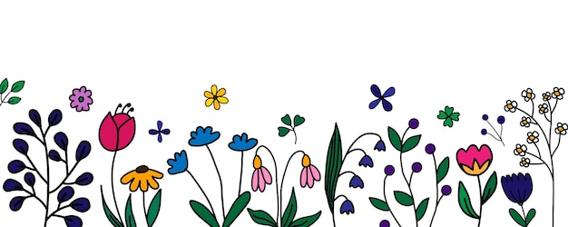 Ilustración de vector plano botánico de banner de flores de jardín de primavera sobre fondo blanco