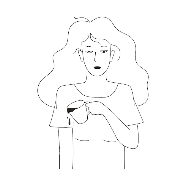 Ilustración de vector plano de café de mujer Concepto de rutina matutina Chica soñolienta sosteniendo una taza de café