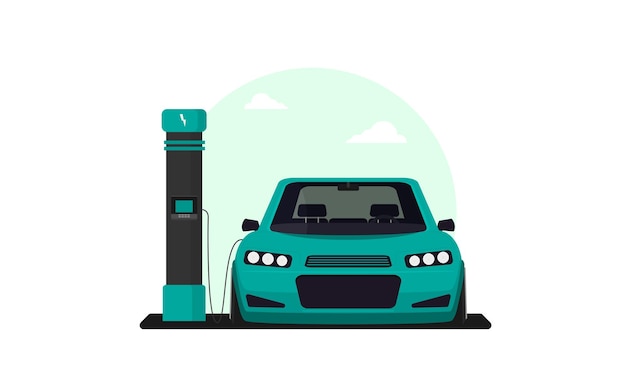 Ilustración de vector plano de carga de coche eléctrico en la estación de carga