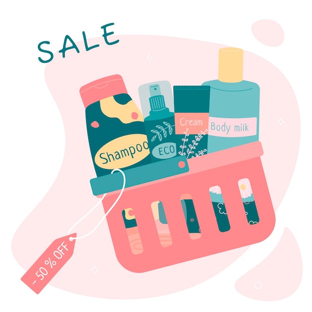 Ilustración de vector plano de una cesta de consumo para la venta de cosméticos