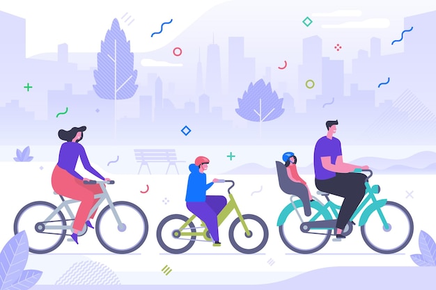 Ilustración de vector plano de ciclismo familiar. Feliz madre, padre e hijos personajes de dibujos animados. Descanso activo, recreación deportiva, estilo de vida saludable. Actividad al aire libre, padres e hijos en bicicleta.