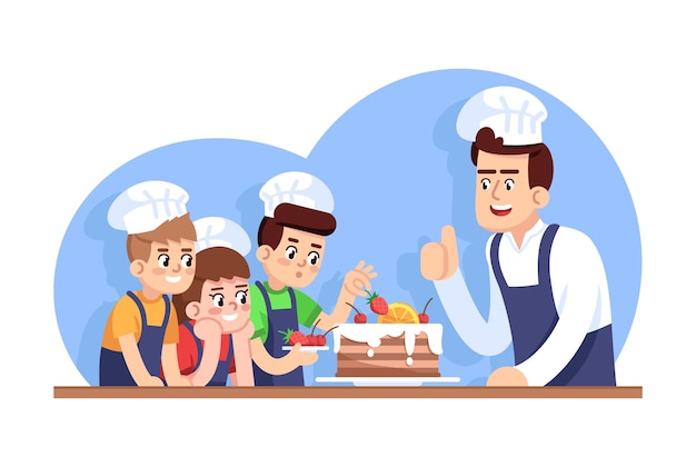 ilustración de vector plano de clase de cocina para niños. escuela de cocina  para niños. trato