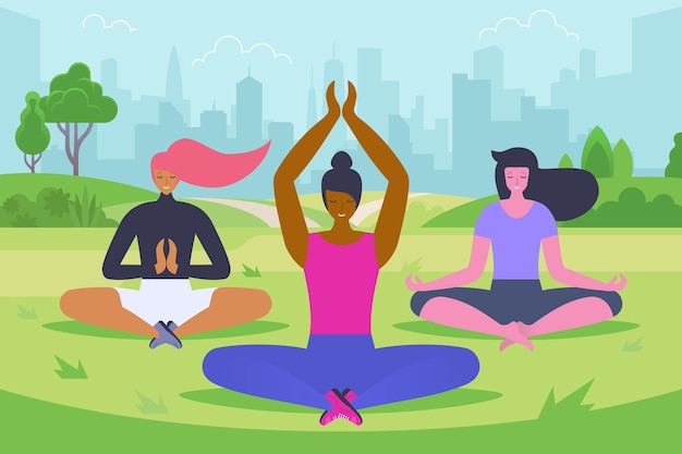 Ilustración de vector plano de clase de yoga al aire libre. mujeres jóvenes en personajes de dibujos animados de ropa deportiva. niñas sentadas en posición de loto, meditando en el parque. estilo de vida saludable, actividad al aire libre, entrenamiento de pilates.