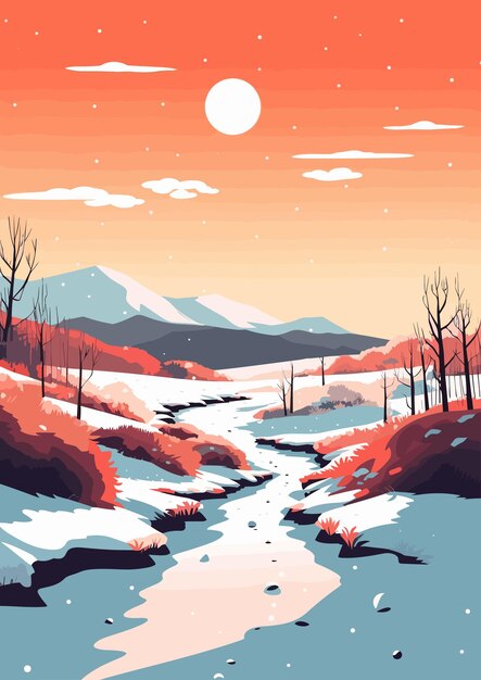 Vector ilustración de vector plano colorido de dibujos animados de paisaje de invierno